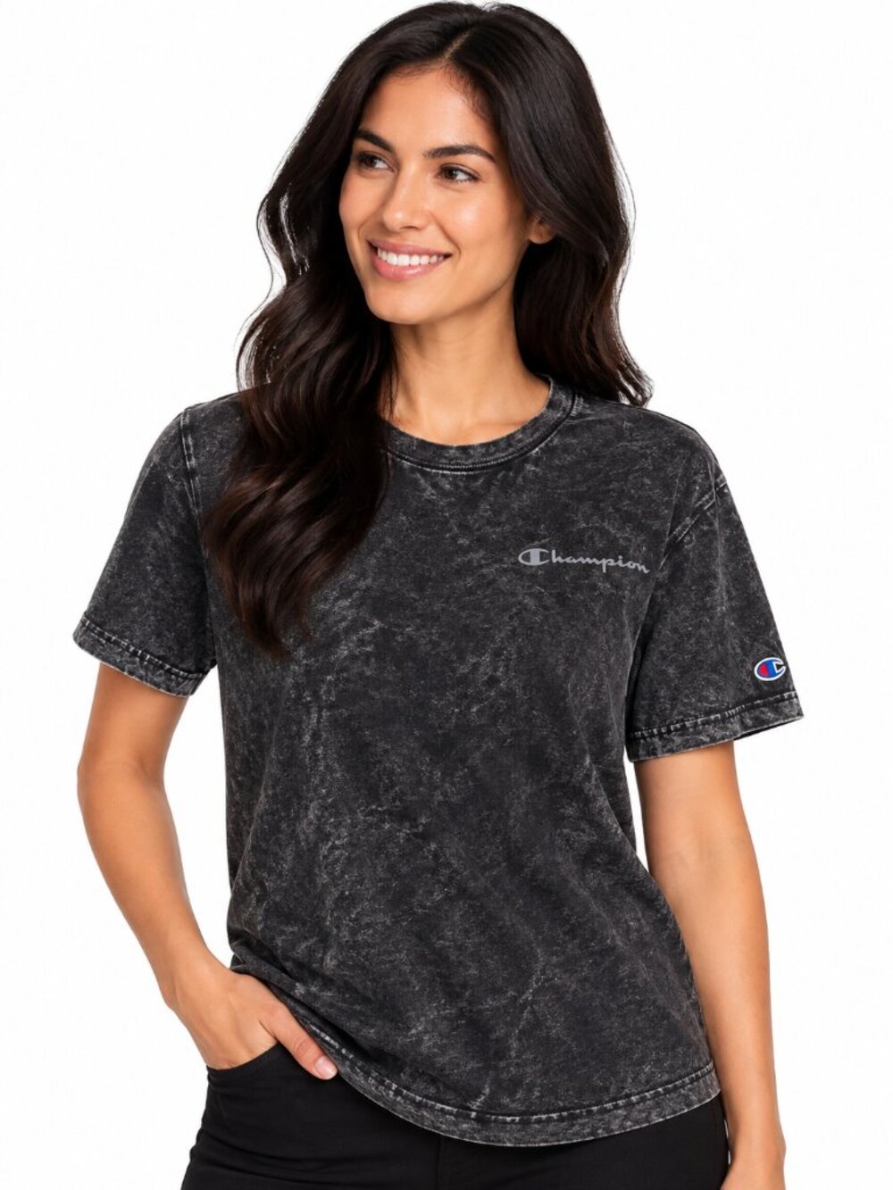Champion Women’s Cloudwash Crew Neck T-Shirt Black 100% Cotton Size S NWT